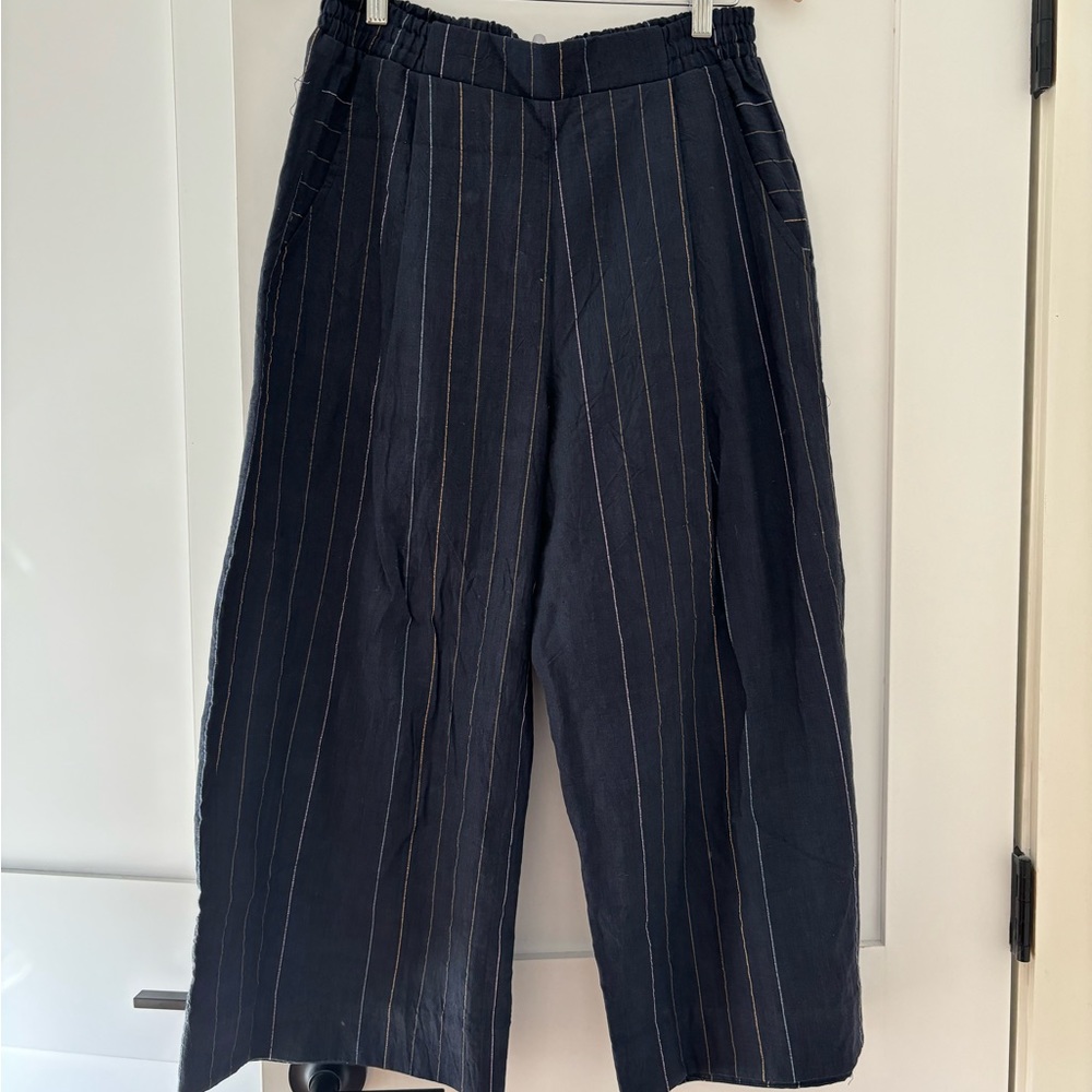 NWOT Liz Alig Handwoven Cotton Navy Stripe Cropped Wide Leg Pants Medium
